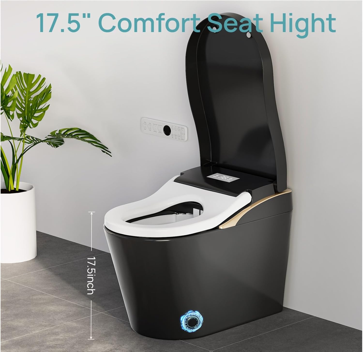 Modern Smart Toilet With Bidet, Auto Flush, Auto Open/Close,Heated Seat, Warm Water and Dry, 17.5' Comfort Height, Remote Control Black