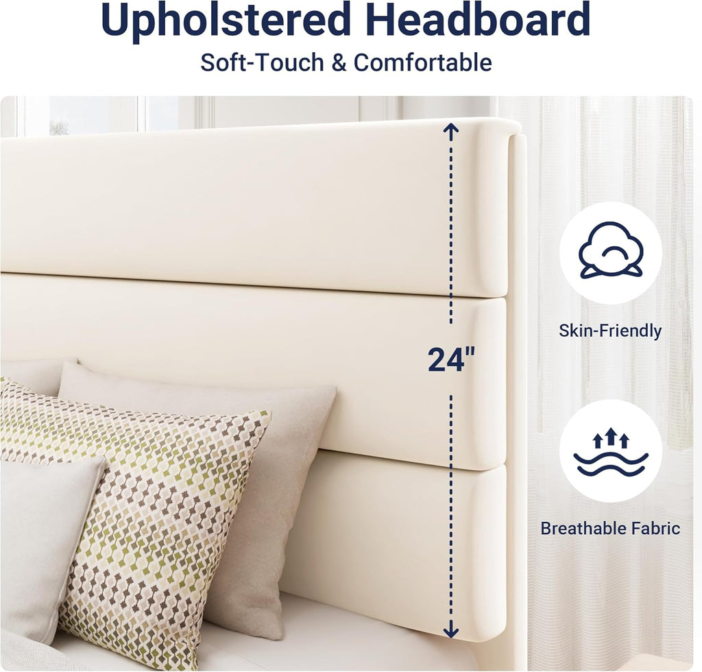 Allewie Twin Size Platform Bed Frame with Fabric Upholstered Headboard and Wooden Slats Support, Fully Upholstered Mattress Foundation/No Box Spring Needed/Easy Assembly, Cream