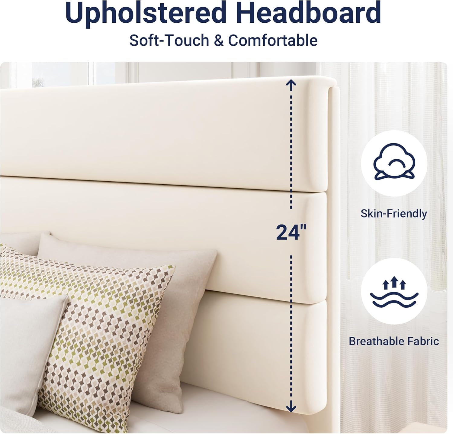 Allewie Twin Size Platform Bed Frame with Fabric Upholstered Headboard and Wooden Slats Support, Fully Upholstered Mattress Foundation/No Box Spring Needed/Easy Assembly, Cream