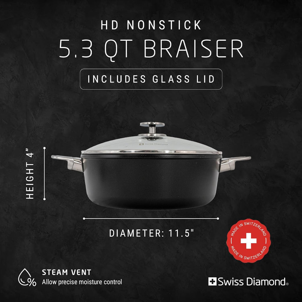 Swiss Diamond Braiser Pan with Lid, Features Stainless Steel Handle, Nonstick Diamond Coated Braising Pan with Lid Oven Safe & Dishwasher Safe, 11', 5.3 Quart, Grey