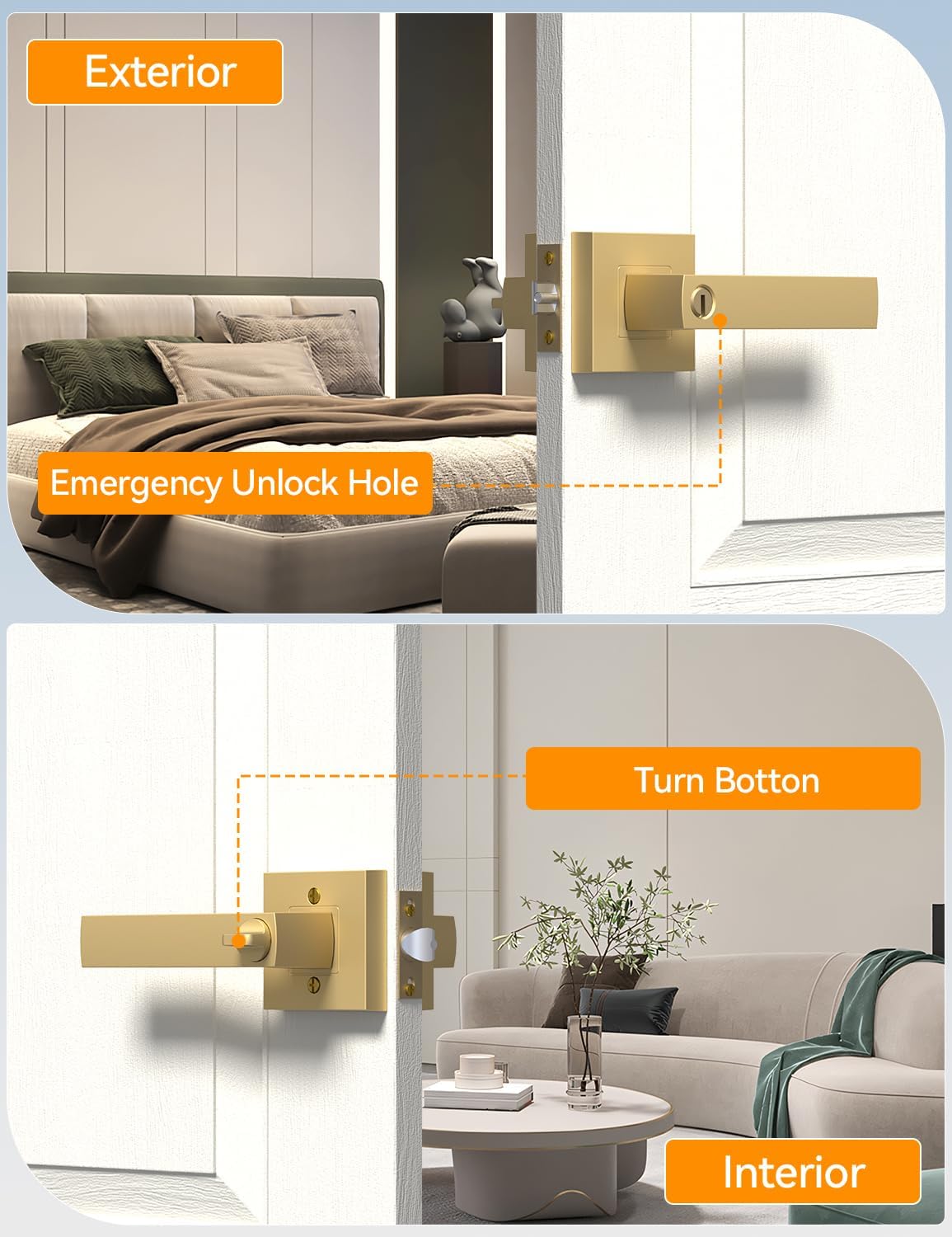 BSEED Gold Door Handles Interior Gold Privacy Door Levers fot Bedroom & Bathroom Lock Set in Modern Satin Gold Finish (10-Pack)