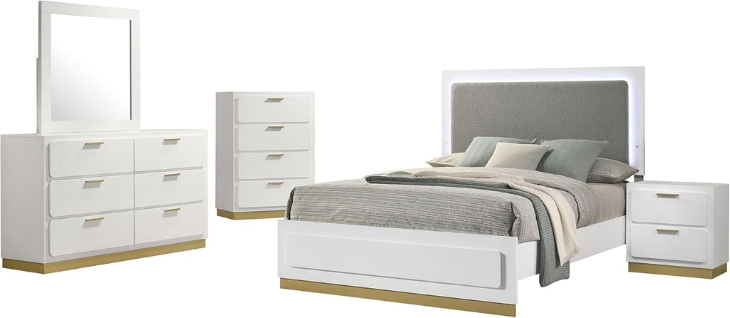Coaster Home Furnishings Caraway Contemporary 5-Piece Bedroom Set Fabric Upholstered Queen Size LED Panel Bed Frame 55-inch Headboard White 224771Q-S5
