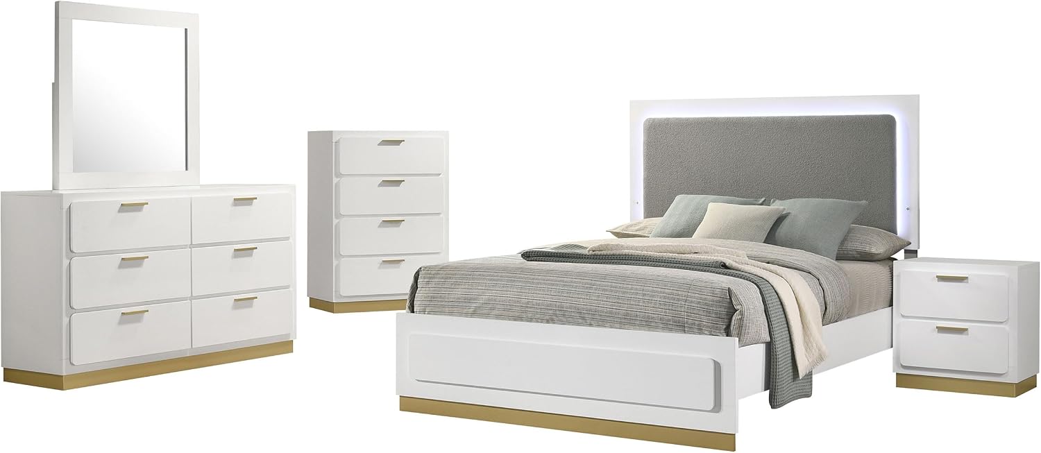 Coaster Home Furnishings Caraway Contemporary 5-Piece Bedroom Set Fabric Upholstered Queen Size LED Panel Bed Frame 55-inch Headboard White 224771Q-S5