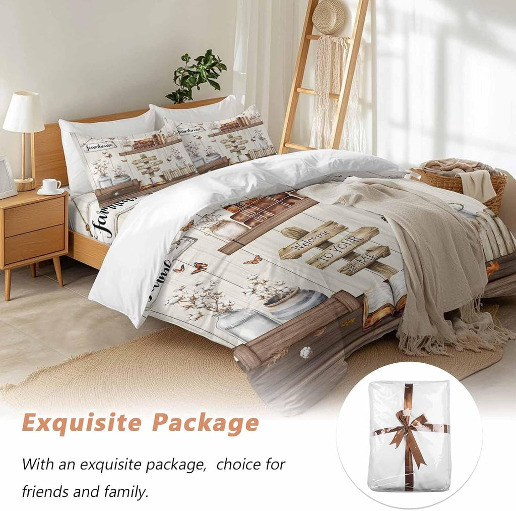 Prime Leader Vintage Duvet Cover Set Queen Size 4 Pieces Welcome to Your Home Farmhouse Cotton Bottle Bedding Set with Zipper Closure, 1 Comforter Cover 92x106 Inches 1 Flat Sheet & 2 Pillow Cases