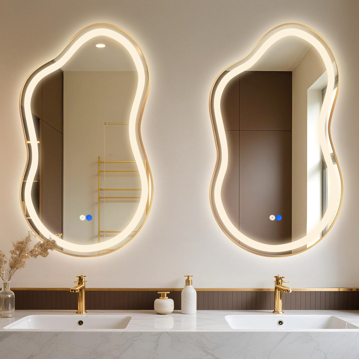 Irregular LED Bathroom Mirror with Lights, Cloud Smart Backlit Mirror, Dimmable Lighted Bathroom Gold Mirror with Anti-Fog, Asymmetrical Vanity Mirror Hangable 2 Ways (Gold, 20 x 36, 1 Pack)