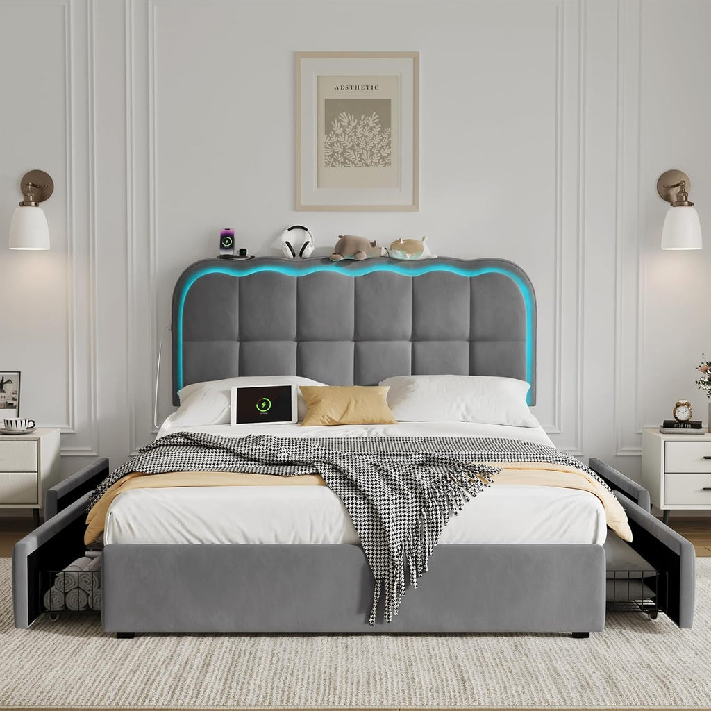CypBed Full Size Bed Frame with 4 Storage Drawers & LED Lights, Velvet Upholstered Platform Bed Frame with Charing Station and Adjustable Headboard, Wood Slats Support, No Box Spring Needed, Grey