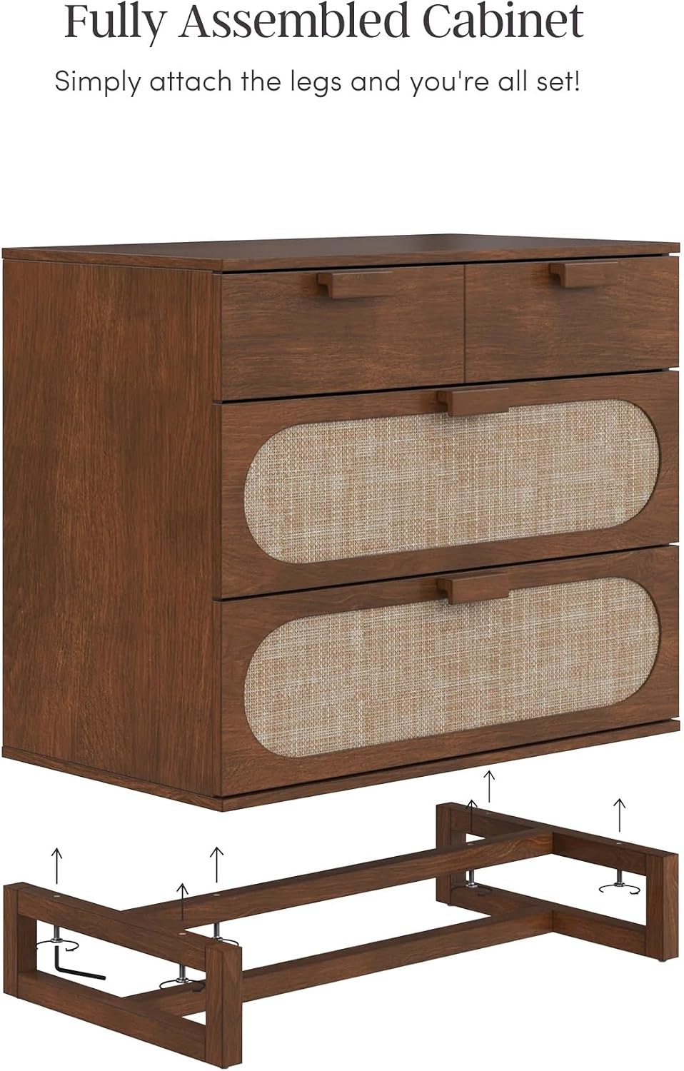Nathan James Paxton Mid-Century Modern Dresser for Bedroom, 3-Drawer Dresser with Solid Wood Frame and Textilene Rattan Accent, Dark Walnut, Set of 2