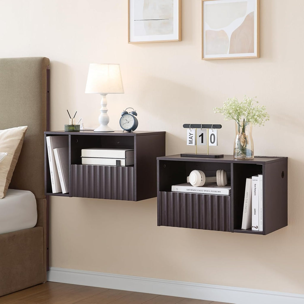 BuildHom Modern Espresso Fluted Floating Nightstand with Charging Station, NightStand with Drawers, Bedside with USB Ports and Outlets, Bedroom Furniture (Set of 2)