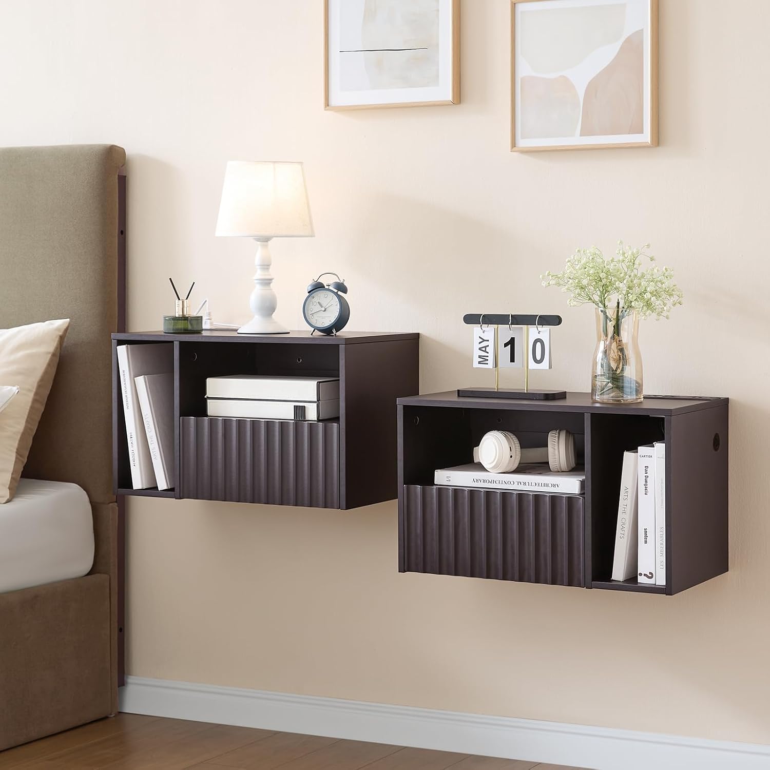 BuildHom Modern Espresso Fluted Floating Nightstand with Charging Station, NightStand with Drawers, Bedside with USB Ports and Outlets, Bedroom Furniture (Set of 2)