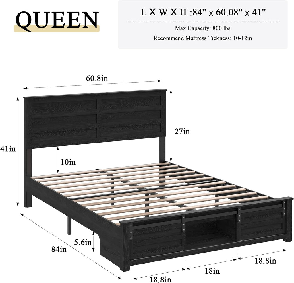 Wooden Bed Frame Queen Size with Headboard & Sliding Barn Door Storage Footboard, Farmhouse Platform Bedframe with Charging Station and LED Lights, No Box Spring Needed, Black