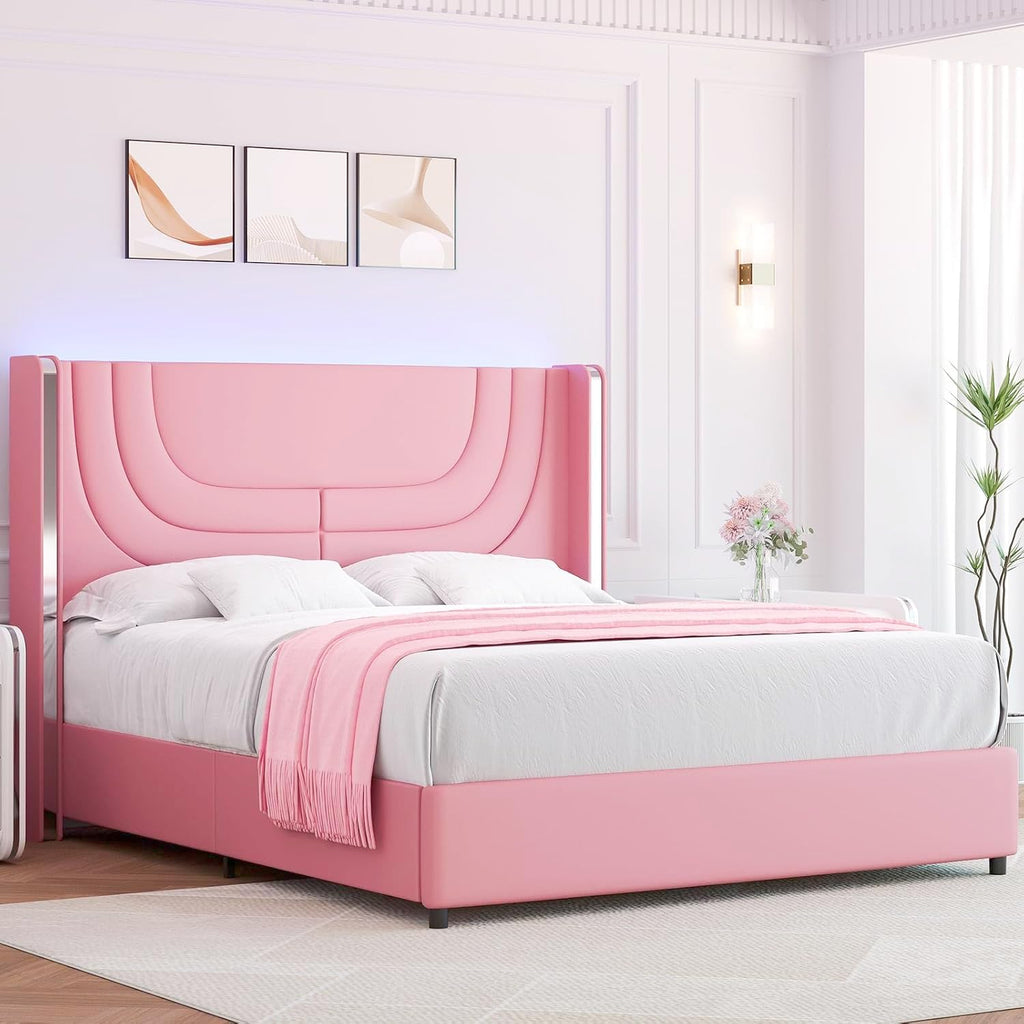 REVOMINCA Pink Full Size Bed Frame with LED Lights, Faux Leather Upholstered Platform with Silver Wingback Headboard, Modern Style, No Box Spring Needed, Easy Assembly