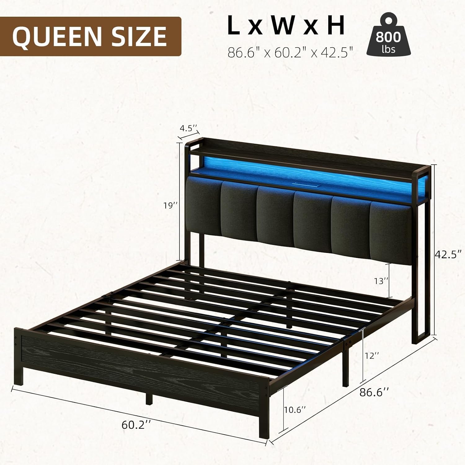 IMMERSTABLE Queen Bed Frame with LED Lights and Charging Station, Upholstered Storage Headboard, Queen Metal Platform Bed Frame with Metal Slats, No Box Spring Needed, Easy Assembly, Dark Grey