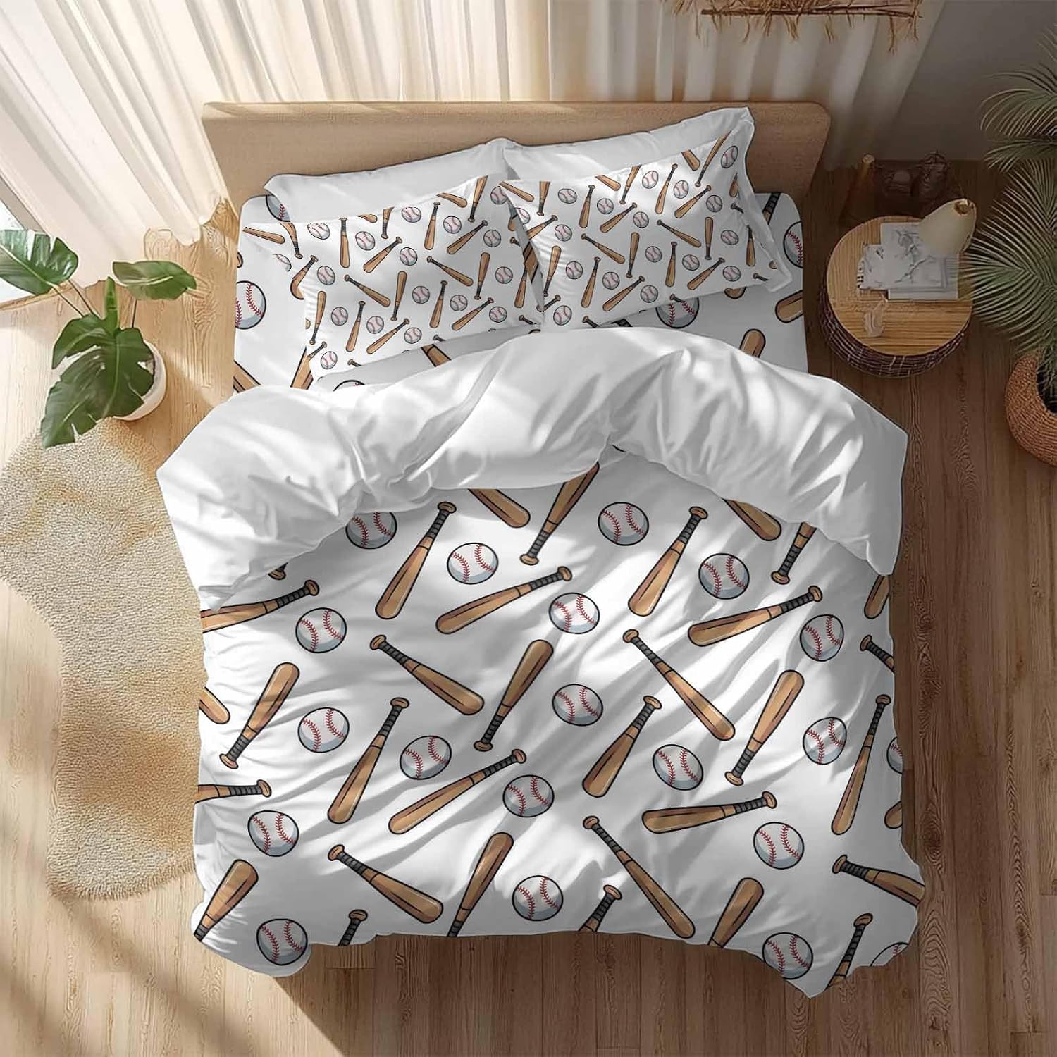 Baseball Duvet Cover Set Queen Size 4 Pieces Retro Sports Style Baseball Bats Minimalist Modern Bedding Set with Zipper Closure, 1 Comforter Cover 92x106 Inches 1 Flat Sheet & 2 Pillow Cases