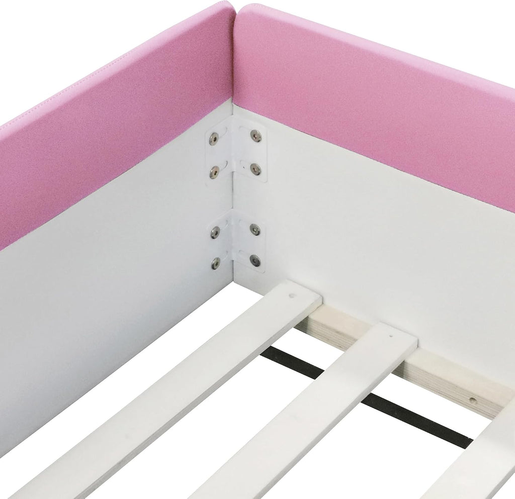 VilroCaz Full Size Upholstered Daybed Frame with Fence and Stairs, Montessori Kids Floor Bed with Sturdy Slat Support for Kids Boys Girls