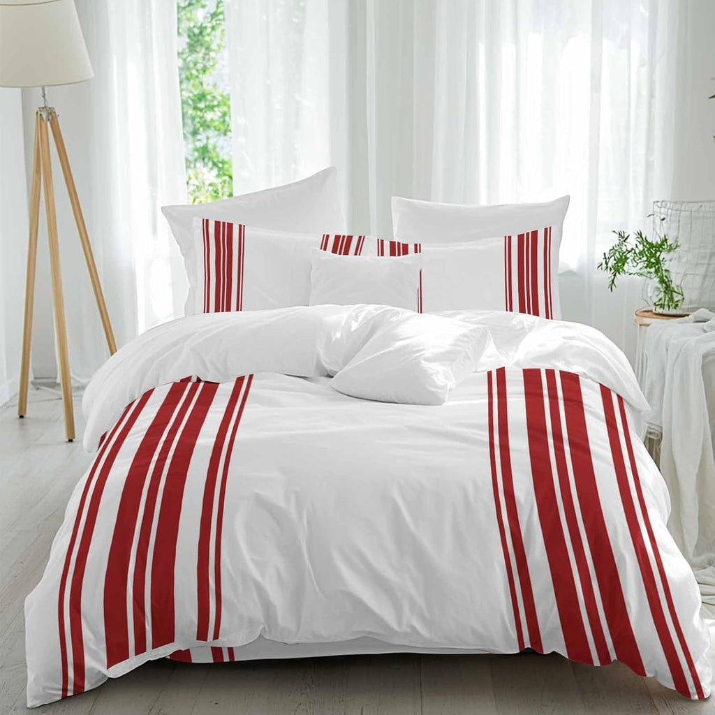 Dark Red and White Striped Duvet Cover Set Queen Size 4 Pieces Modern Minimalist Vertical Lines Bedding Set with Zipper Closure, 1 Comforter Cover 90x92 Inches 1 Flat Sheet & 2 Pillow Cases