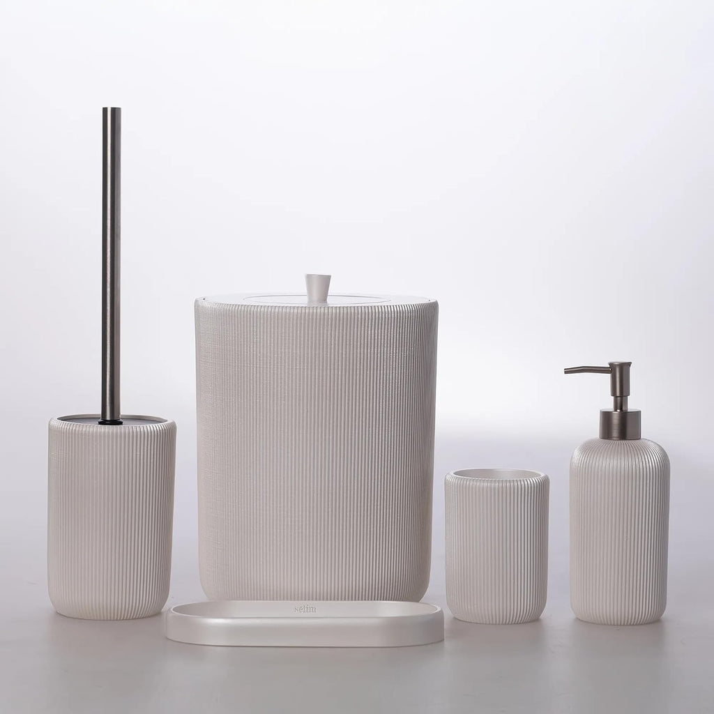 Lydia Collection 5-Piece Resin Bathroom Accessories Set – Toilet Brush Holder, Waste Bin, Soap Dispenser, Tray & Toothbrush Holder (Pearl)