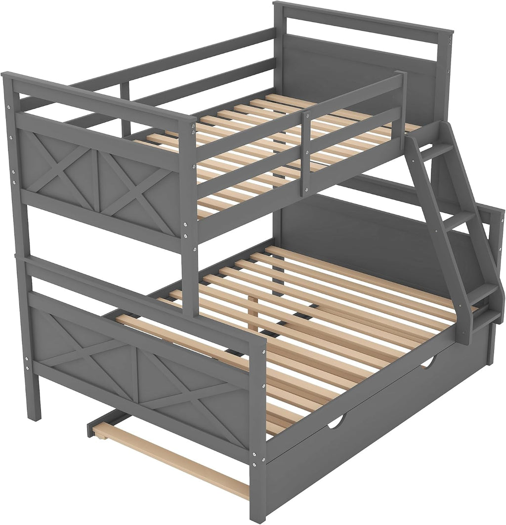 Twin Over Full Bunk Bed with Ladder and Twin Size Trundle,Bedroom Wood Bed Frame W/Safety Full-Length Guardrail,No Box Spring Required,for Kids Teens Girls Boys,Gray