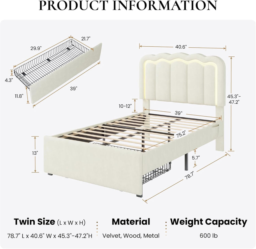 SHA CERLIN Upholstered Twin Size Bed Frame with LED Lights and Large Storage Drawer, Velvet Platform Bed with Adjustable Wavy Headboard, Noise Free, Easy Assembly, No Box Spring Needed, Soft Cream