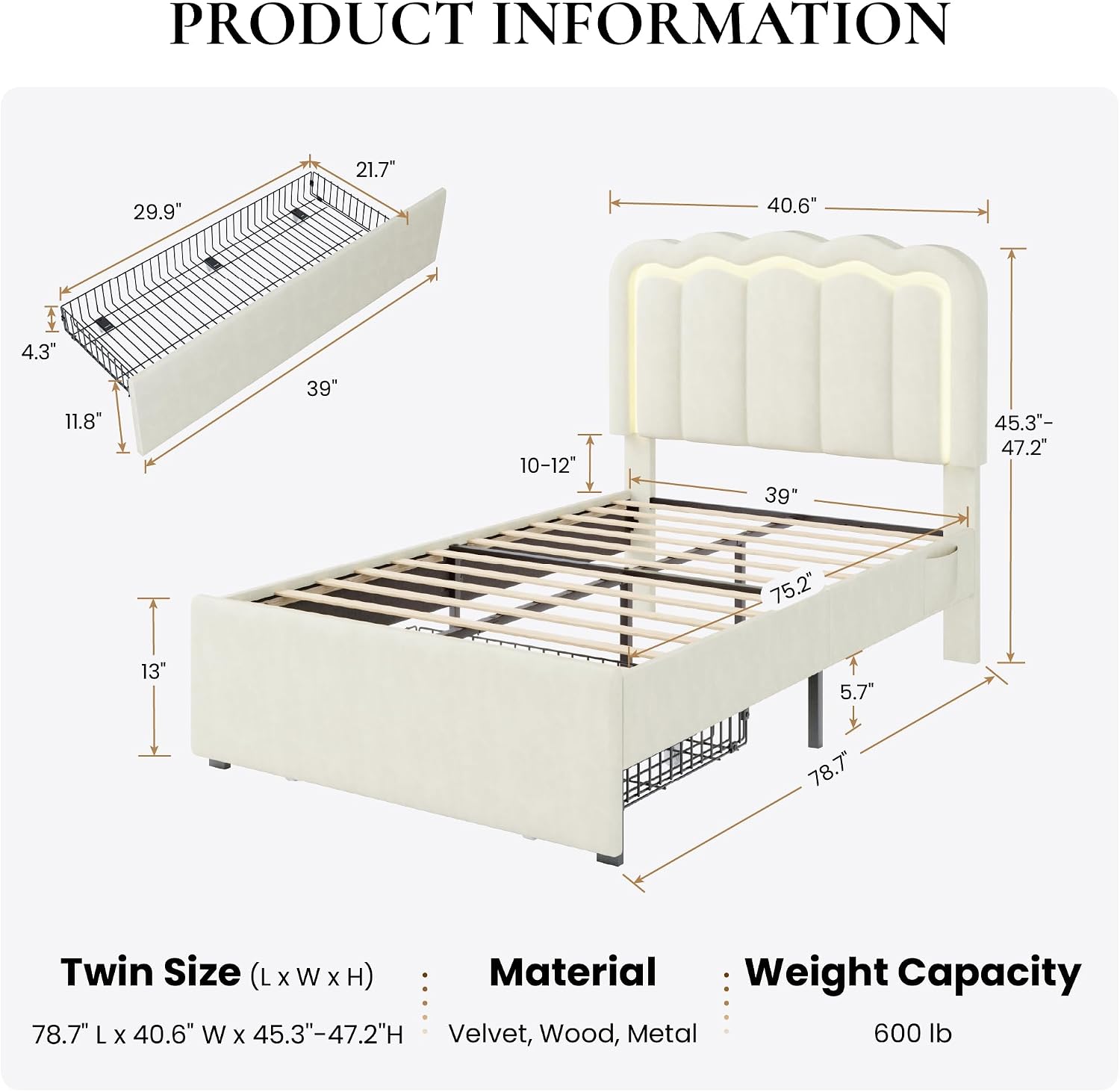 SHA CERLIN Upholstered Twin Size Bed Frame with LED Lights and Large Storage Drawer, Velvet Platform Bed with Adjustable Wavy Headboard, Noise Free, Easy Assembly, No Box Spring Needed, Soft Cream
