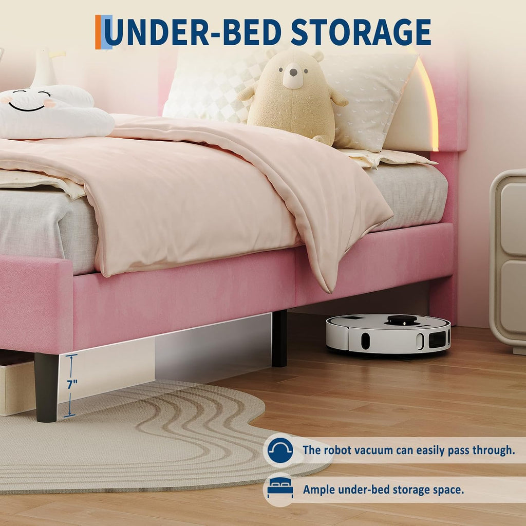 IDEALHOUSE Twin XL Size LED Bed Frame with Storage Drawers,Adjustable Headboard with Cute Bear Design,Soft Velvet Fabric Bed Frame for Kids,Solid Wood Slat Support,Noise-Free,Easy Assembly,Pink