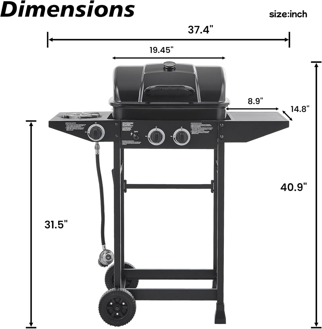 2 Burner Propane Gas Grill with Side Burner, 24000 BTU Stainless Steel Portable Bbq Grills, 237 Sq.In Cooking Area, Enameled Grates, Side Tables, Portable Freestanding for Patio Backyard Cooking