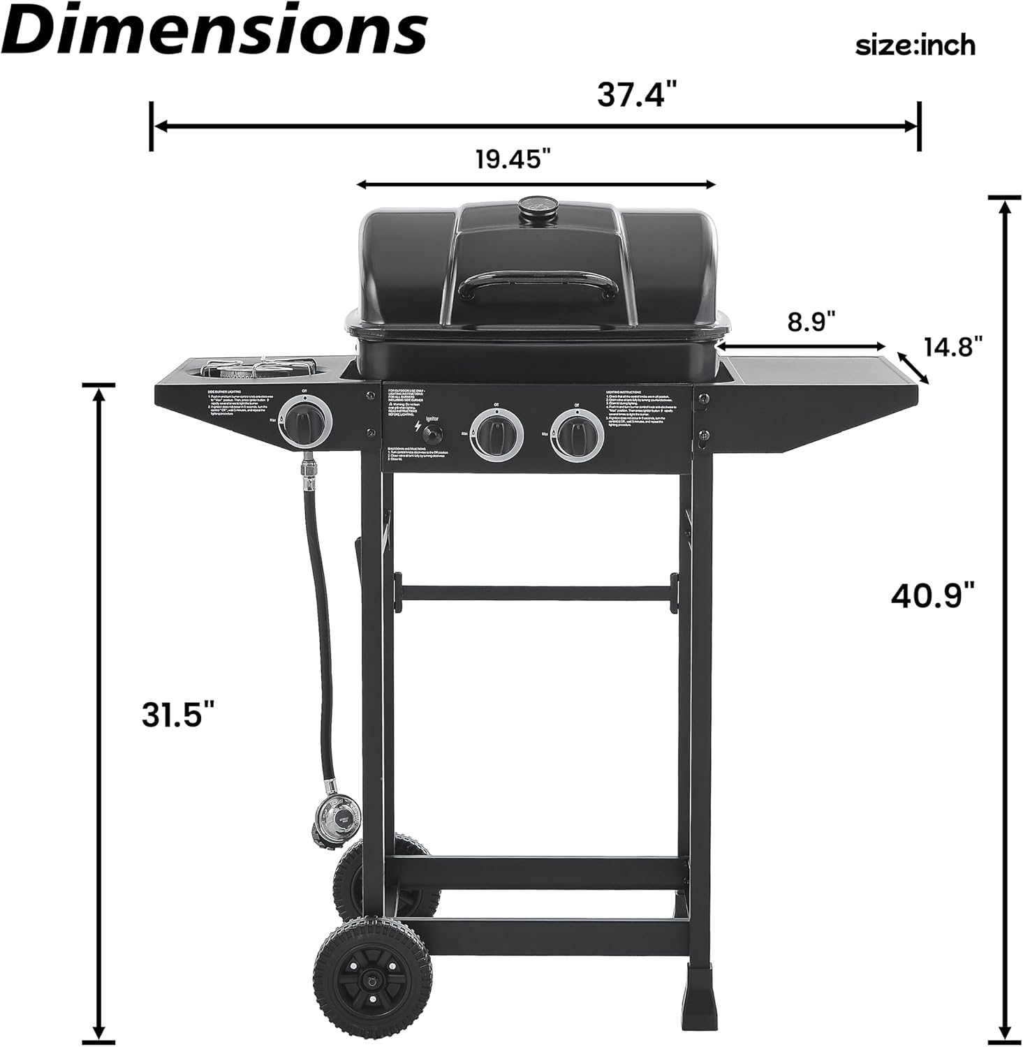 2 Burner Propane Gas Grill with Side Burner, 24000 BTU Stainless Steel Portable Bbq Grills, 237 Sq.In Cooking Area, Enameled Grates, Side Tables, Portable Freestanding for Patio Backyard Cooking
