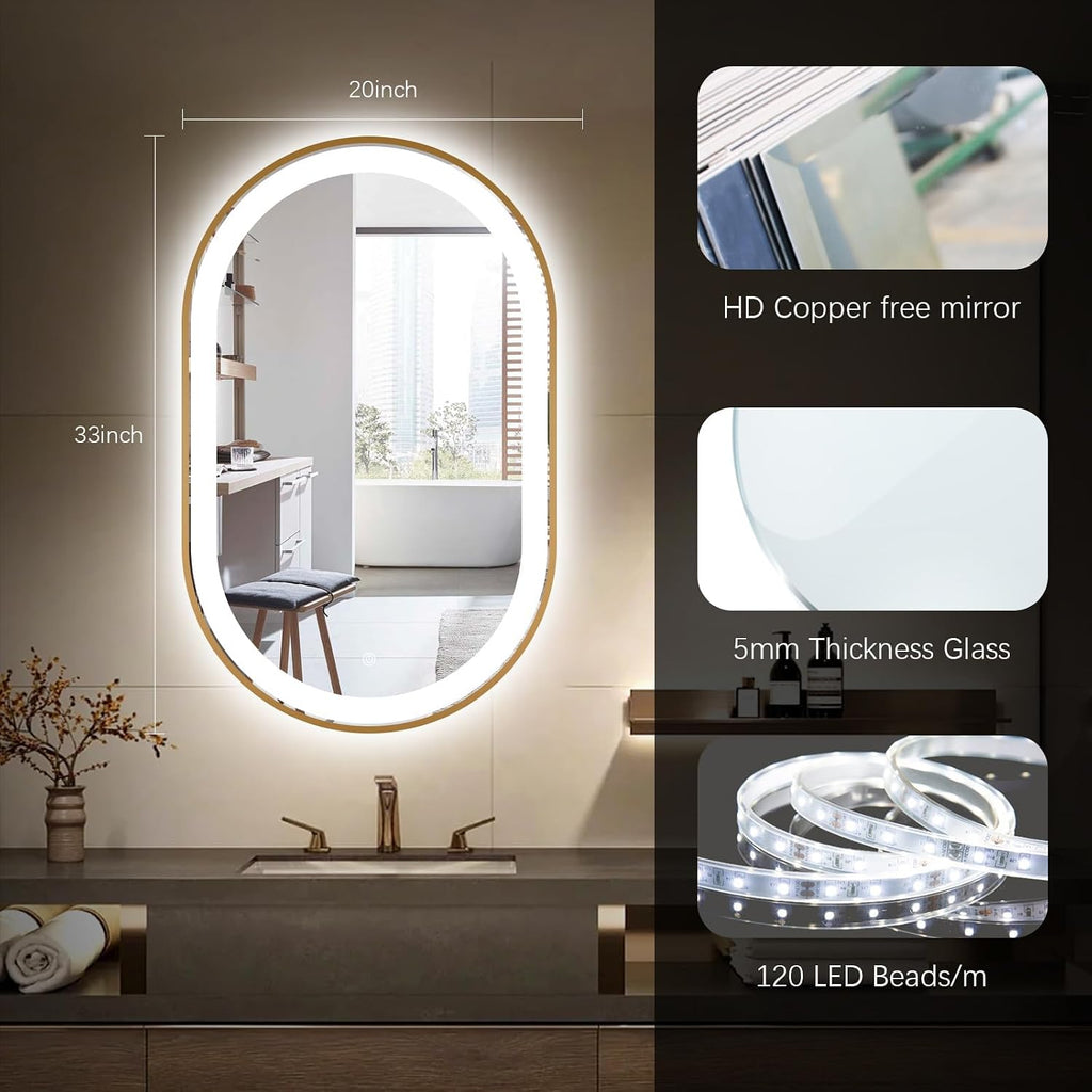 Oval LED Bathroom Mirror, 32'x20' Backlit Vanity Mirror with Light for Wall with Gold Frame, Anti-Fog, Dimmable, Frontlit, 3 Colors, Memory Function, IP65 Waterproof, UL Listed, Horizontal/Vertical