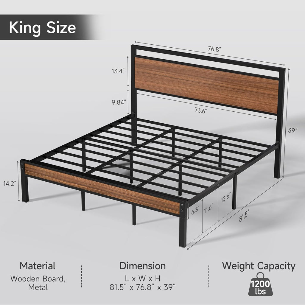 Z-hom King Metal Bed Frame with Wooden Headboard and Footboard, Heavy Duty Platform Frame with Metal Slats, No Box Spring Needed, Quiet and Non-Slip Design, Space Saving Bed Frame for Bedroom,Walnut