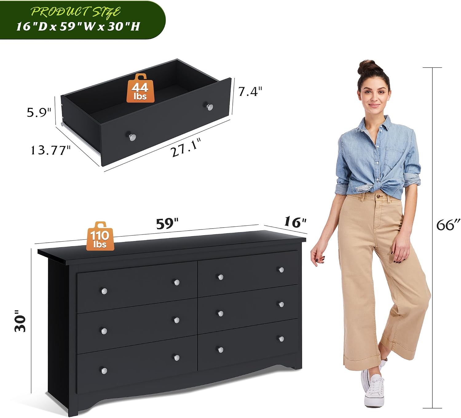 WLIVE Black Wooden Dresser for Bedroom, 6 Drawers Chest of Drawers, 59' Wide Modern Dresser Closet Storage Organizer for Living Room Hallway