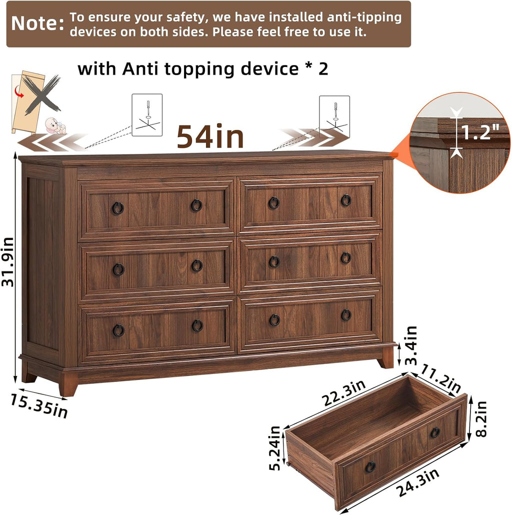 Joaxswe 6 Drawers Dresser for Bedroom, Farmhouse 54'' Dresser Chest of Drawers, Vintage Design Wood TV Stand, Rustic Storage Dressers Organizer for Bedroom, Living Room, Hallway-Brown