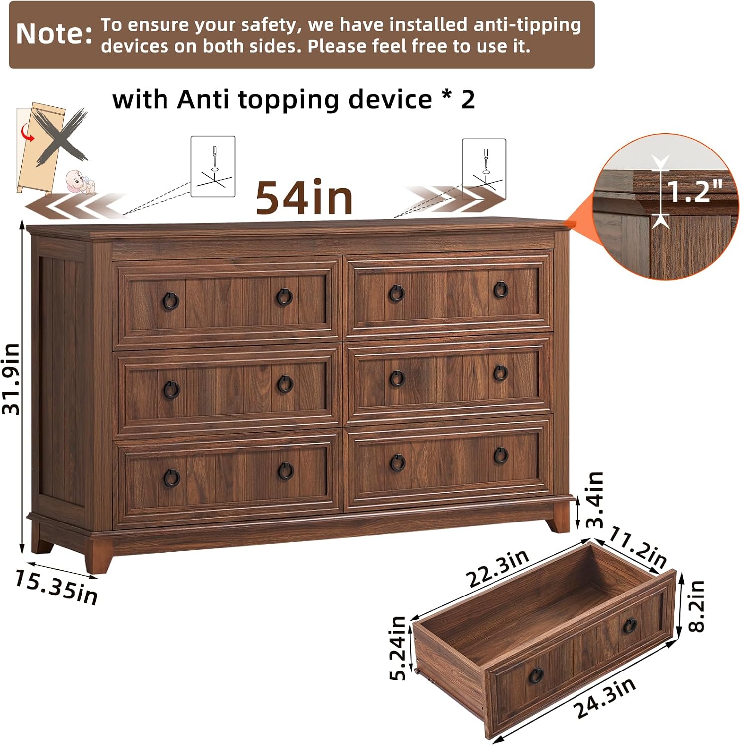 Joaxswe 6 Drawers Dresser for Bedroom, Farmhouse 54'' Dresser Chest of Drawers, Vintage Design Wood TV Stand, Rustic Storage Dressers Organizer for Bedroom, Living Room, Hallway-Brown