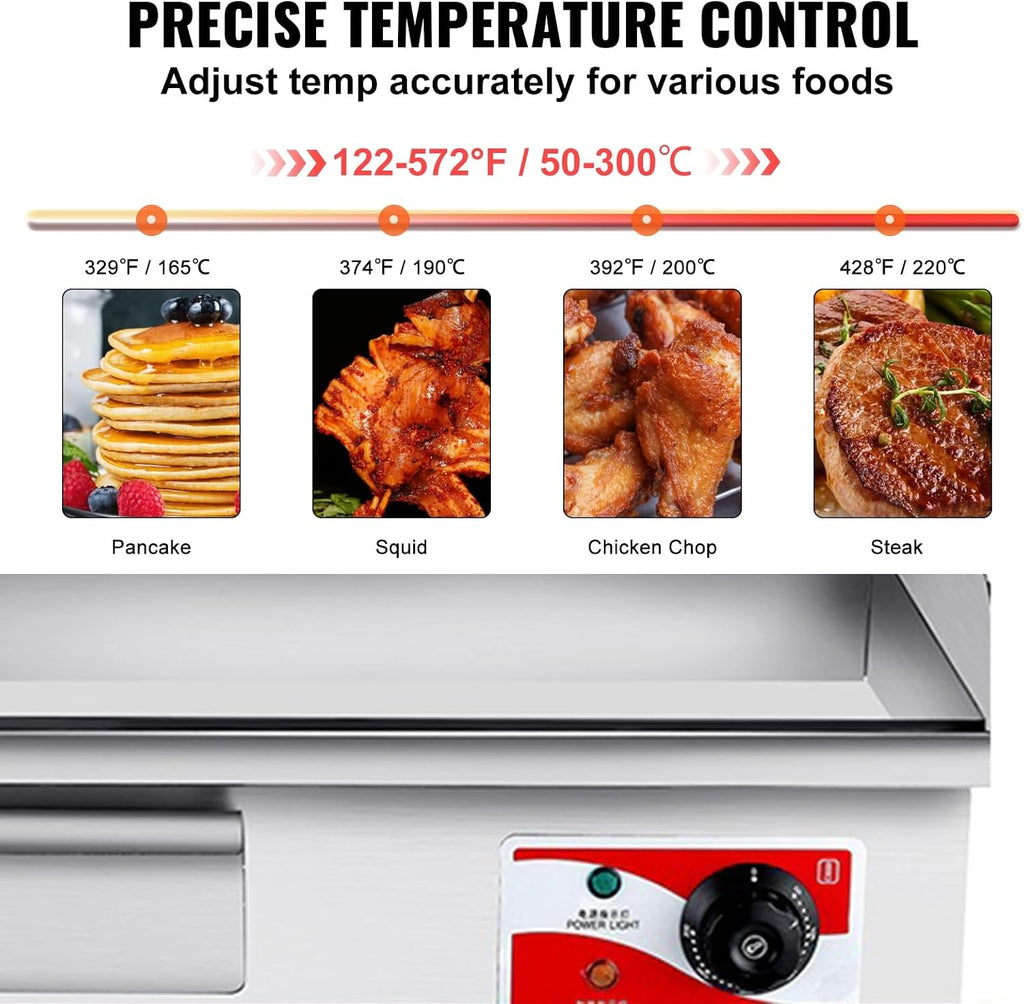 Commercial Electric Griddle Flat Top Grill Hot Plate BBQ Temperature Control Electric Countertop Griddle Non-Stick Chrome-Plated Restaurant Teppanyaki Grill for BBQ Grill Party,21.5in