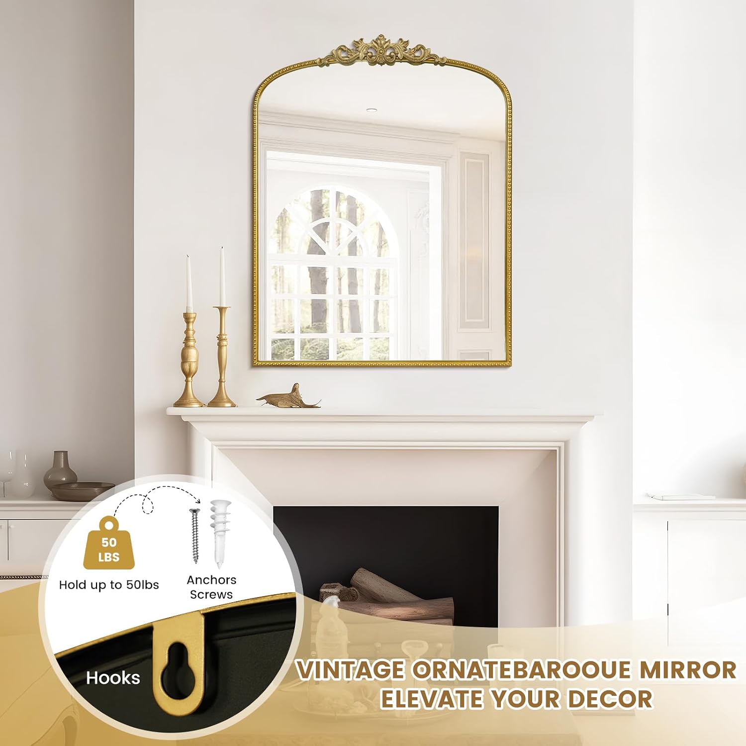 WallBeyond Gold Vintage Mirror for Vanity 28x36 Inch, Gold Antique Mirror with Ornate Frame, Arched Vintage Wall for Bathroom, Living Room, Fireplace, Entryway