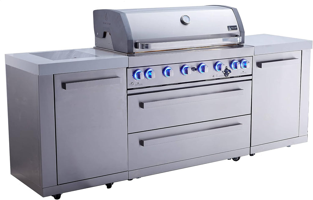Mont Alpi Premium 94'W x 23'D x 46'H Stainless Steel Modular Outdoor Kitchen Island with Infrared Side Burner + 44'W 6-Burner BBQ Gas Grill + White Granite Countertops + Storage Cabinets & Drawers