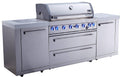 Mont Alpi Premium 94'W x 23'D x 46'H Stainless Steel Modular Outdoor Kitchen Island with Infrared Side Burner + 44'W 6-Burner BBQ Gas Grill + White Granite Countertops + Storage Cabinets & Drawers