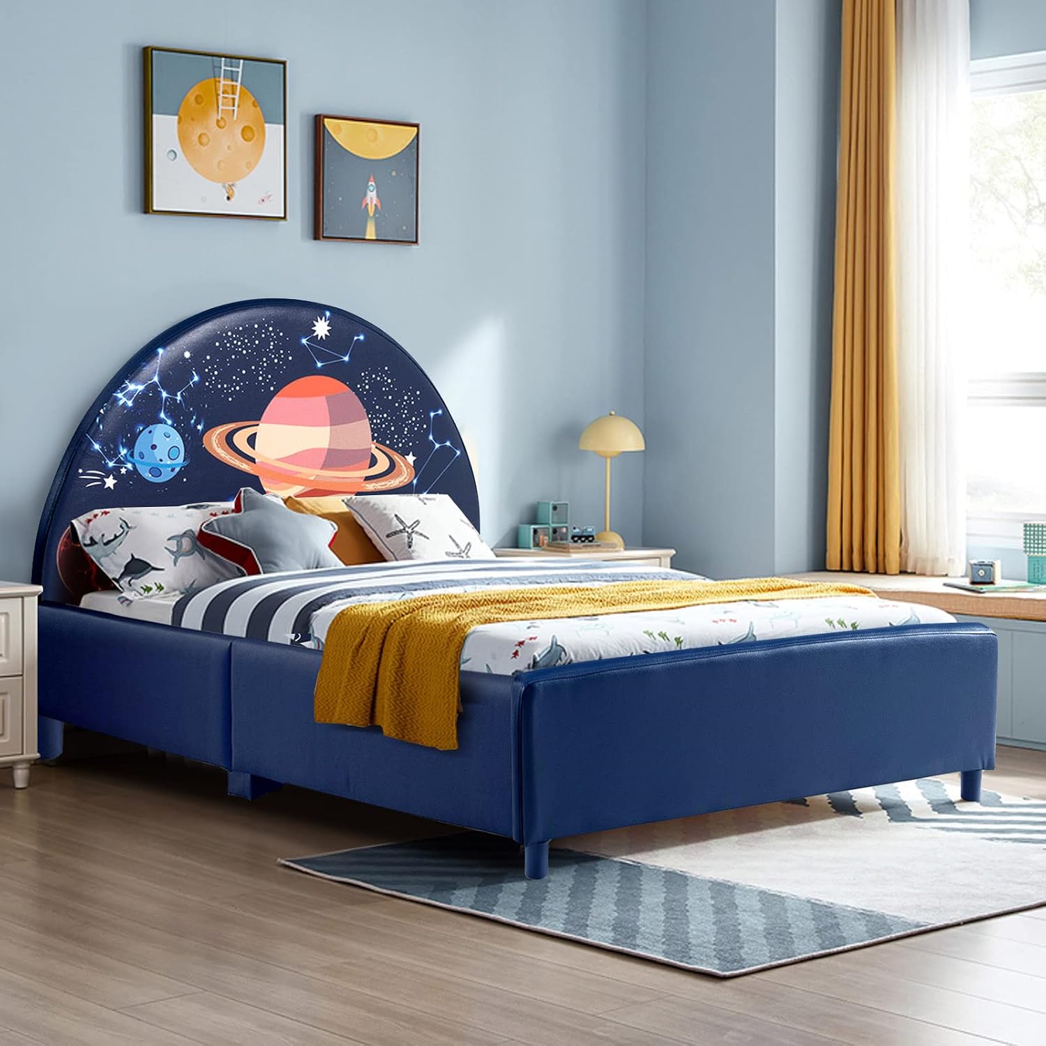Costzon Twin Bed Frames for Kids, Wood Upholstered Twin Bed Platform with Slat Support, Padded Headboard&Footboard, No Box Spring Needed, Easy Assembly, Fits Standard Twin Mattress (Planet)