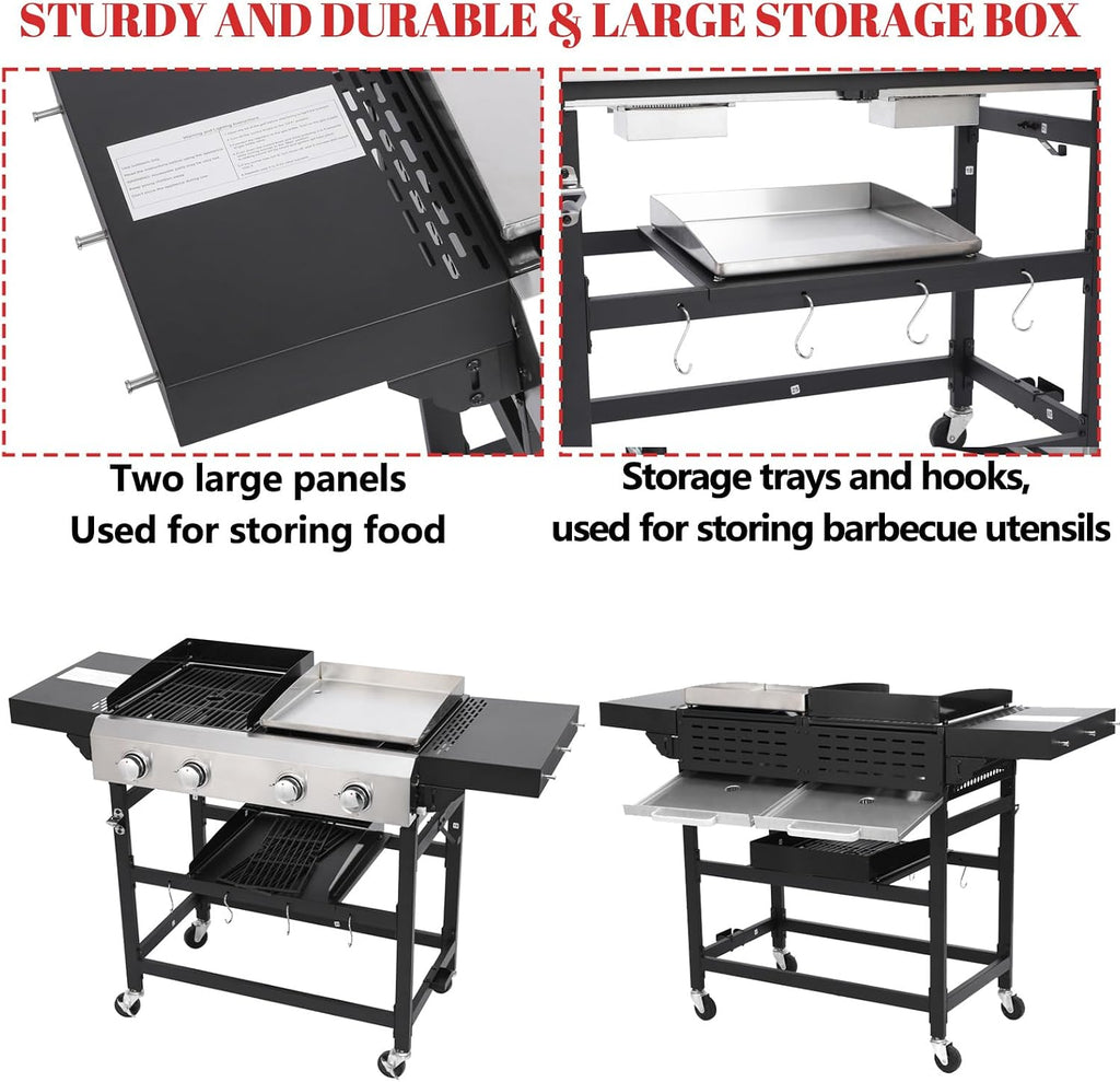 4-Burner Propane Gas Grill and Griddle Combo, Stainless Steel Propane Grill 36,900 BTU Outdoor Cabinet Style with Wheels, Wire Rack and Two Foldable Side Table (2 Grill Pans + 2 Grills)