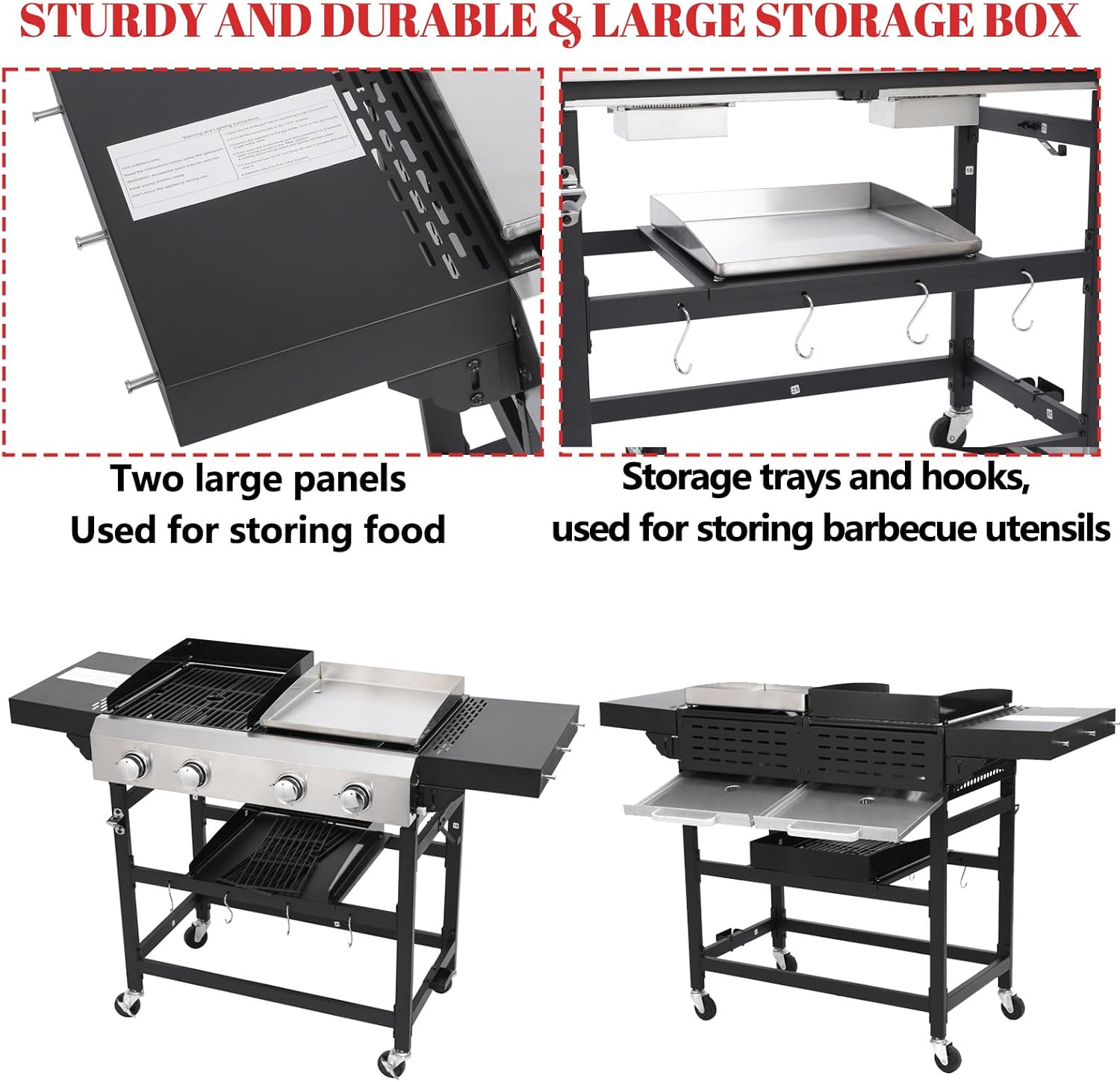4-Burner Propane Gas Grill and Griddle Combo, Stainless Steel Propane Grill 36,900 BTU Outdoor Cabinet Style with Wheels, Wire Rack and Two Foldable Side Table (2 Grill Pans + 2 Grills)