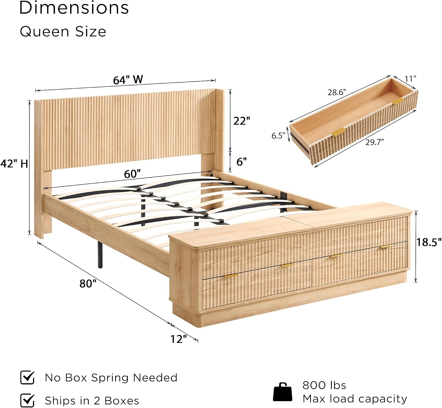 T4TREAM Fluted Queen Size Bed Frame with Wingback Headboard, Footboard Storage Bench with Built-in Drawers & Lift-Up Compartments, Wood & Steel Platform Bed, No Box Spring Needed, Natural Oak