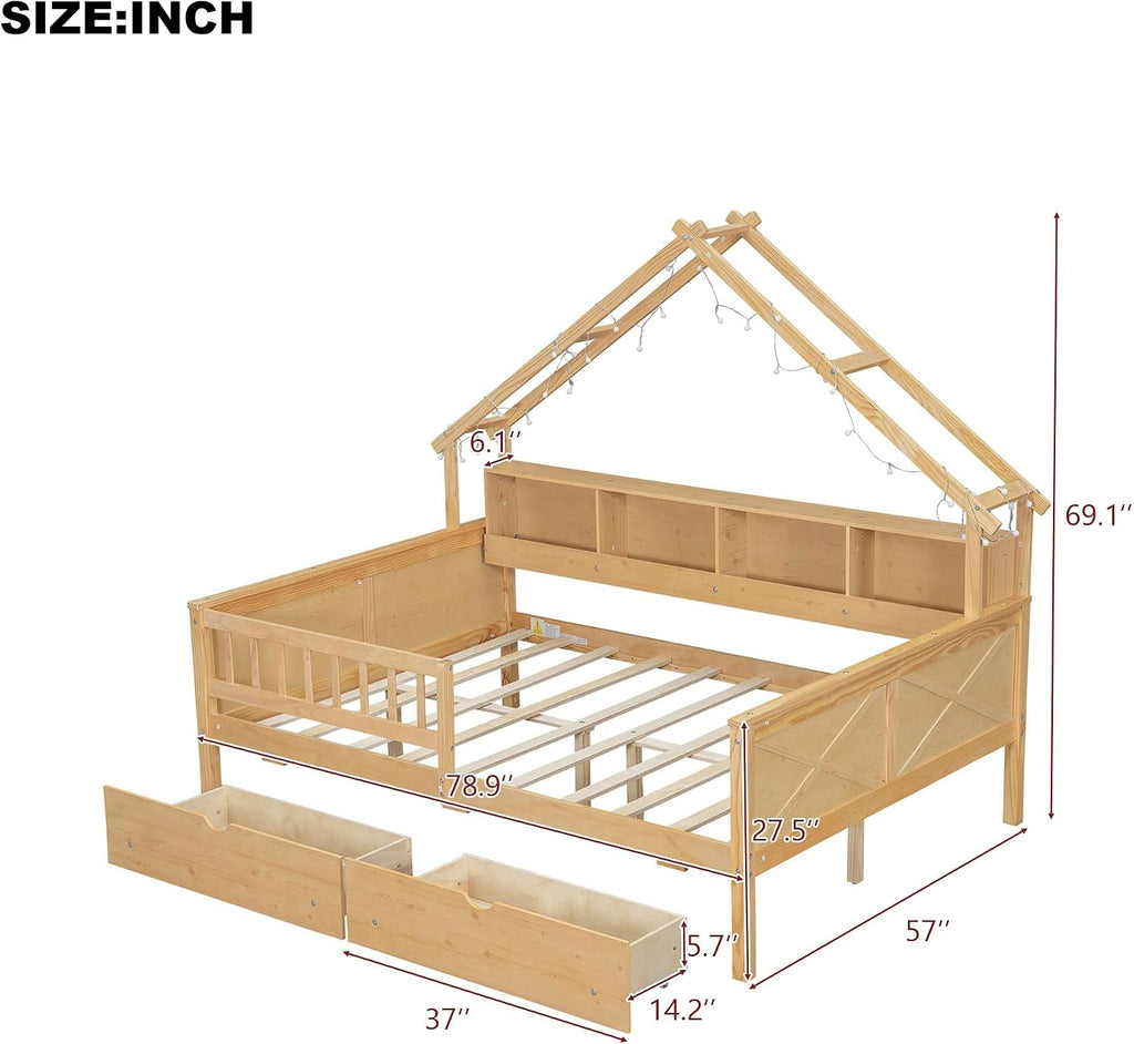 Bellemave Full House Platform Bed with Drawers Wood House Bed with Storage Shelves and LED Lights House Platform Bed Frame for Kids, Teens, Adults, No Spring Box Needed (Natural)