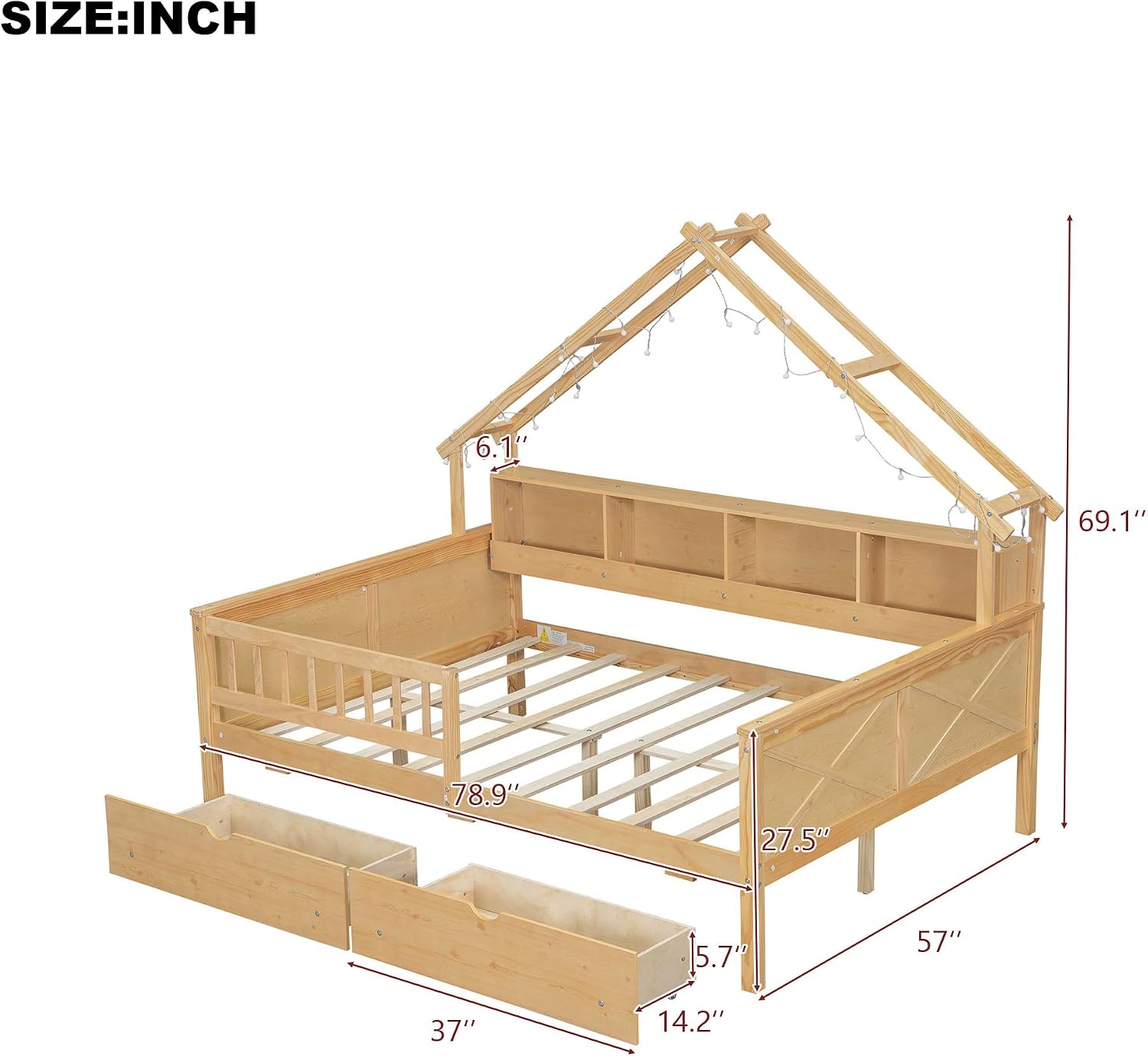 Bellemave Full House Platform Bed with Drawers Wood House Bed with Storage Shelves and LED Lights House Platform Bed Frame for Kids, Teens, Adults, No Spring Box Needed (Natural)