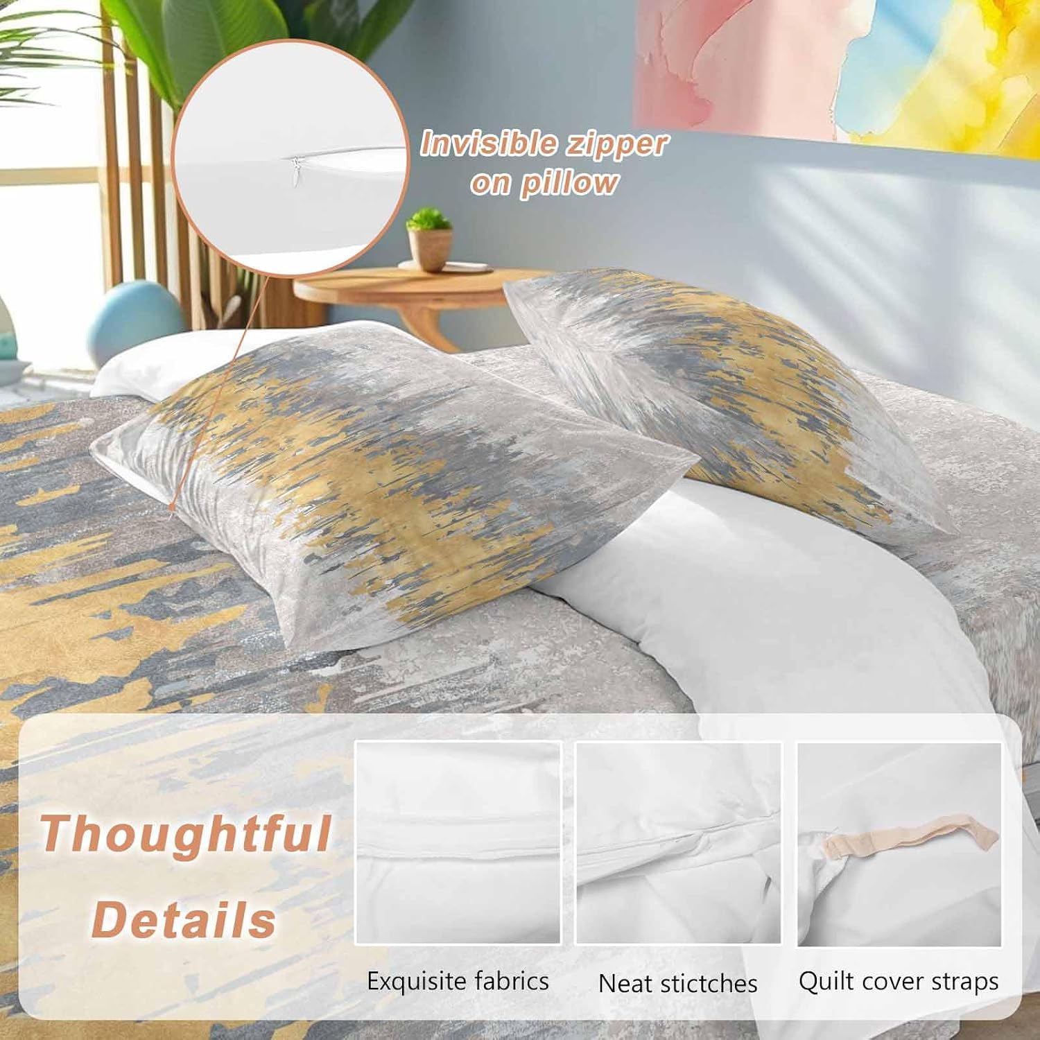 Abstract Duvet Cover Set Queen Size 4 Pieces Yellow Grey Graffiti Silhouette Art Modern Painting Bedding Set with Zipper Closure, 1 Comforter Cover 90x92 Inches 1 Flat Sheet & 2 Pillow Cases