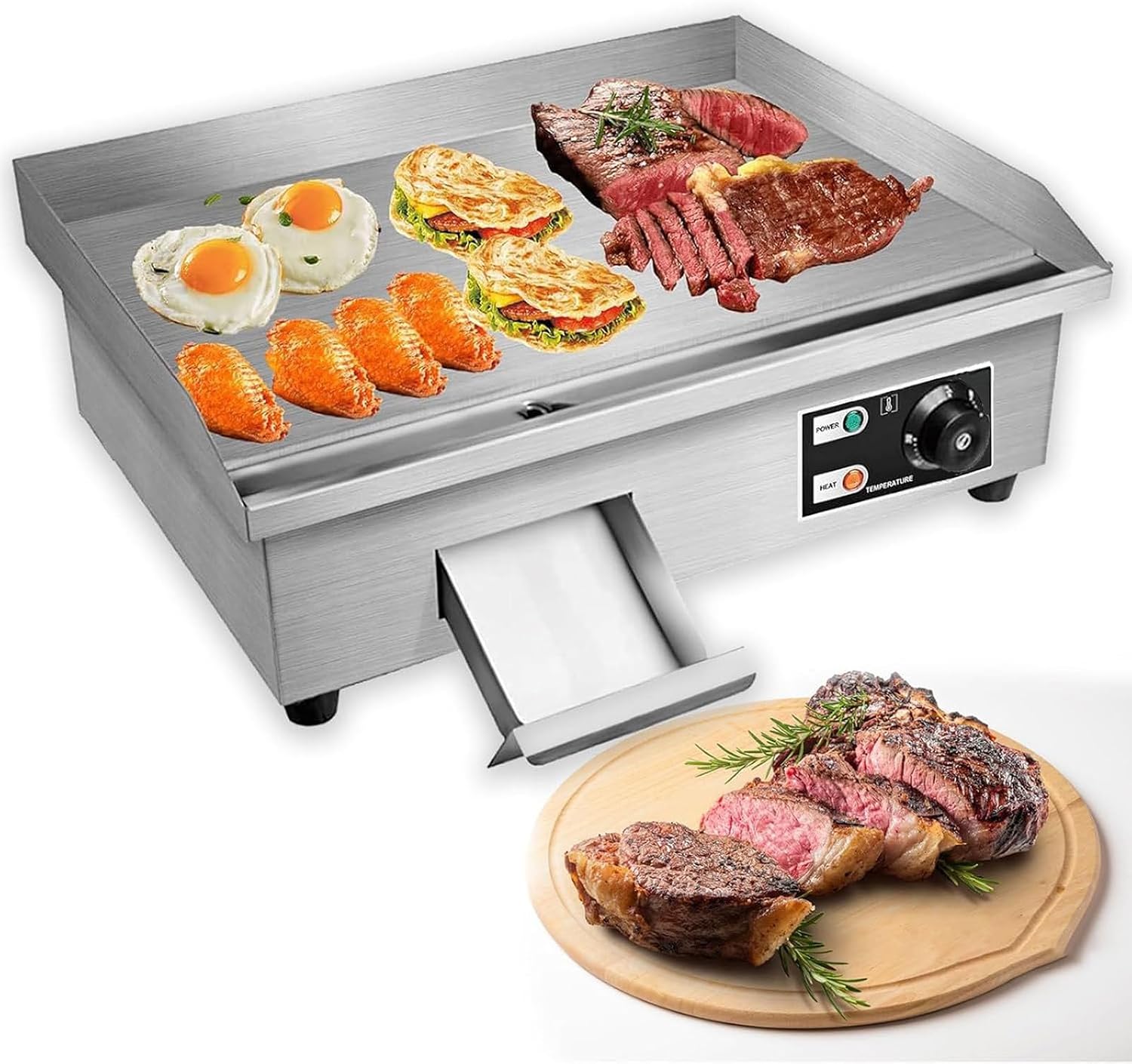 Electric Griddle, Flat Top Griddle for Restaurant, 1600W/3000W Countertop Commercial Grill, Non-Stick Stainless Steel Grill, 50~300℃(122℉-572℉) Temperature Adjustable,110V