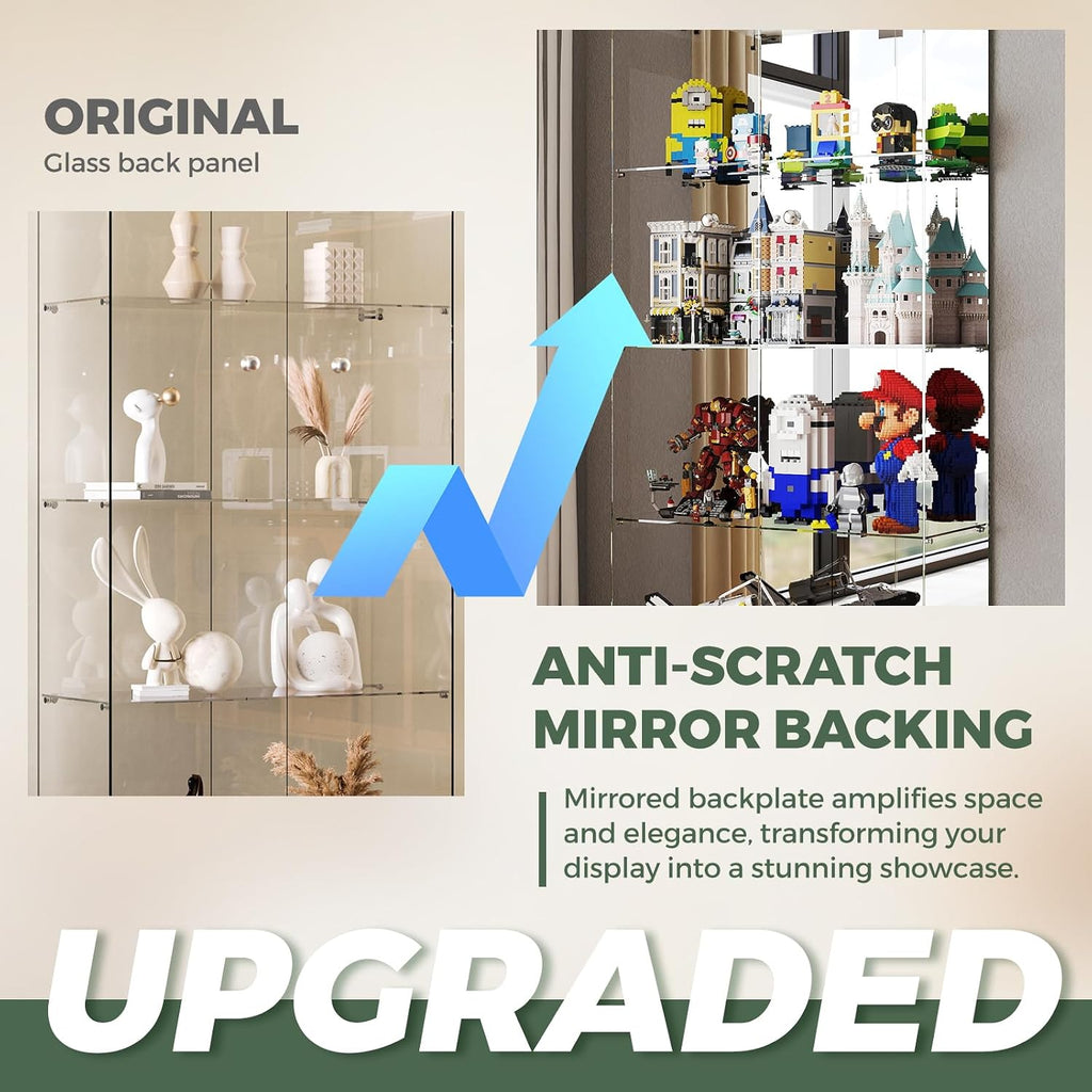 Mirrored Glass Display Cabinet with Lock, 4-Shelf Tempered Glass Curio Cabinet with 2 Doors, Collectible Display Showcase for Living Room, Bedroom – White