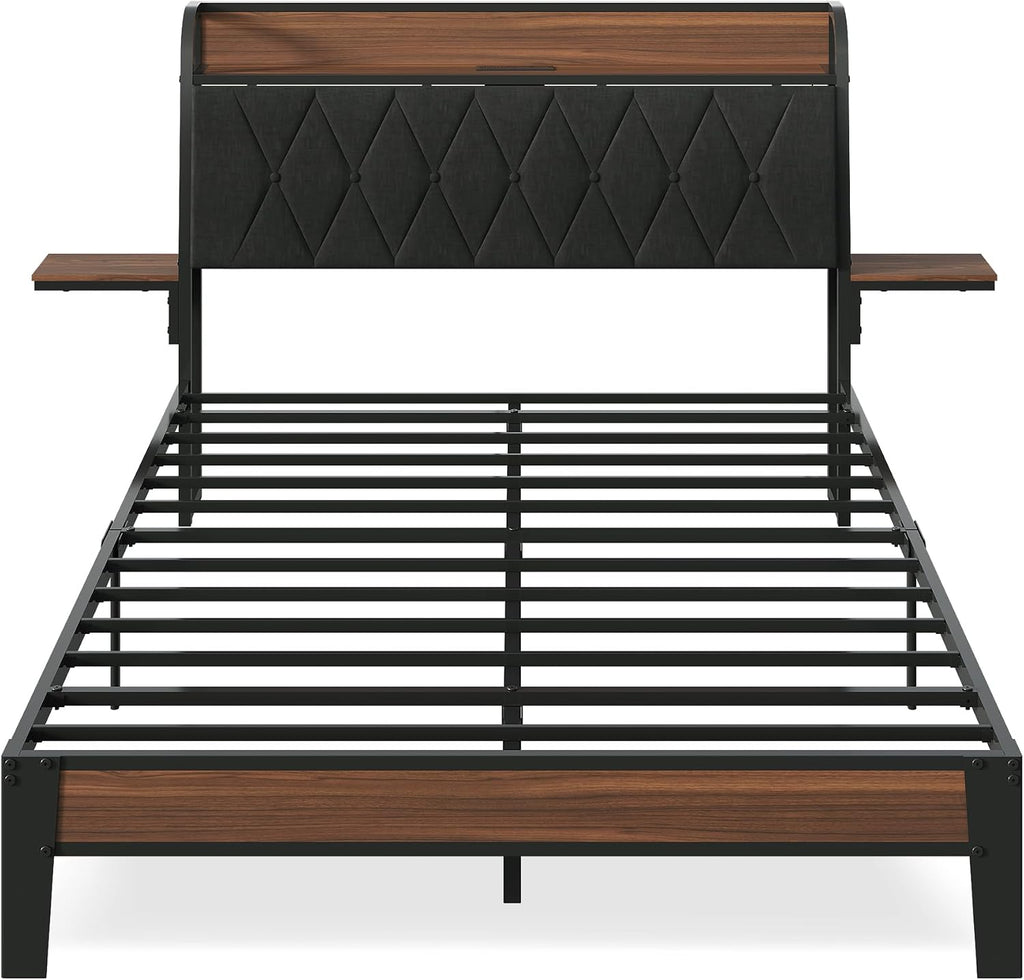 WLIVE Full Size Bed Frame with Headboard, Upholstered Bed Frame with 2 Storage Shelves, Platform Bed with LED Lights and Charging Station, 1500LBS Mattress Foundation, No Box Spring Needed, Black