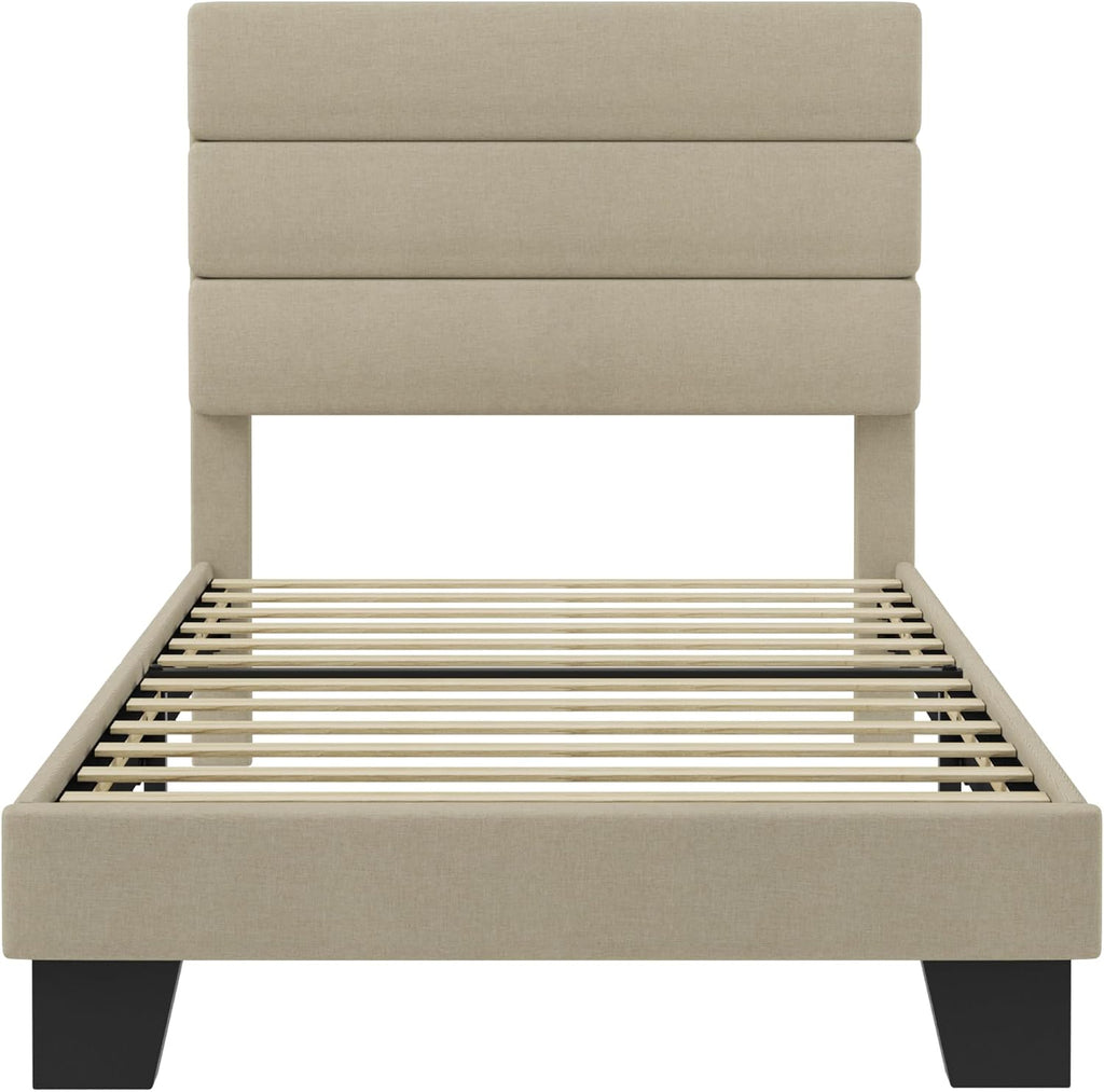 SHA CERLIN Twin Platform Bed Frame with Upholstered Fabric Headboard, Mattress Foundation with Strong Wooden Slats Support, No Box Spring Needed, Beige