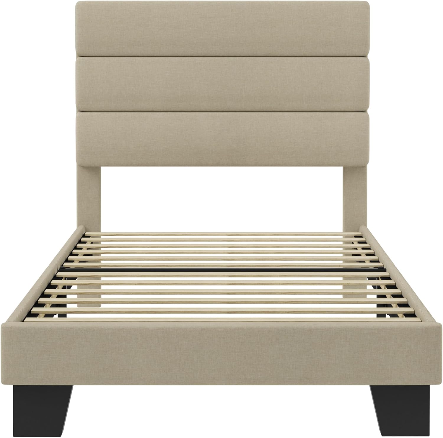 SHA CERLIN Twin Platform Bed Frame with Upholstered Fabric Headboard, Mattress Foundation with Strong Wooden Slats Support, No Box Spring Needed, Beige