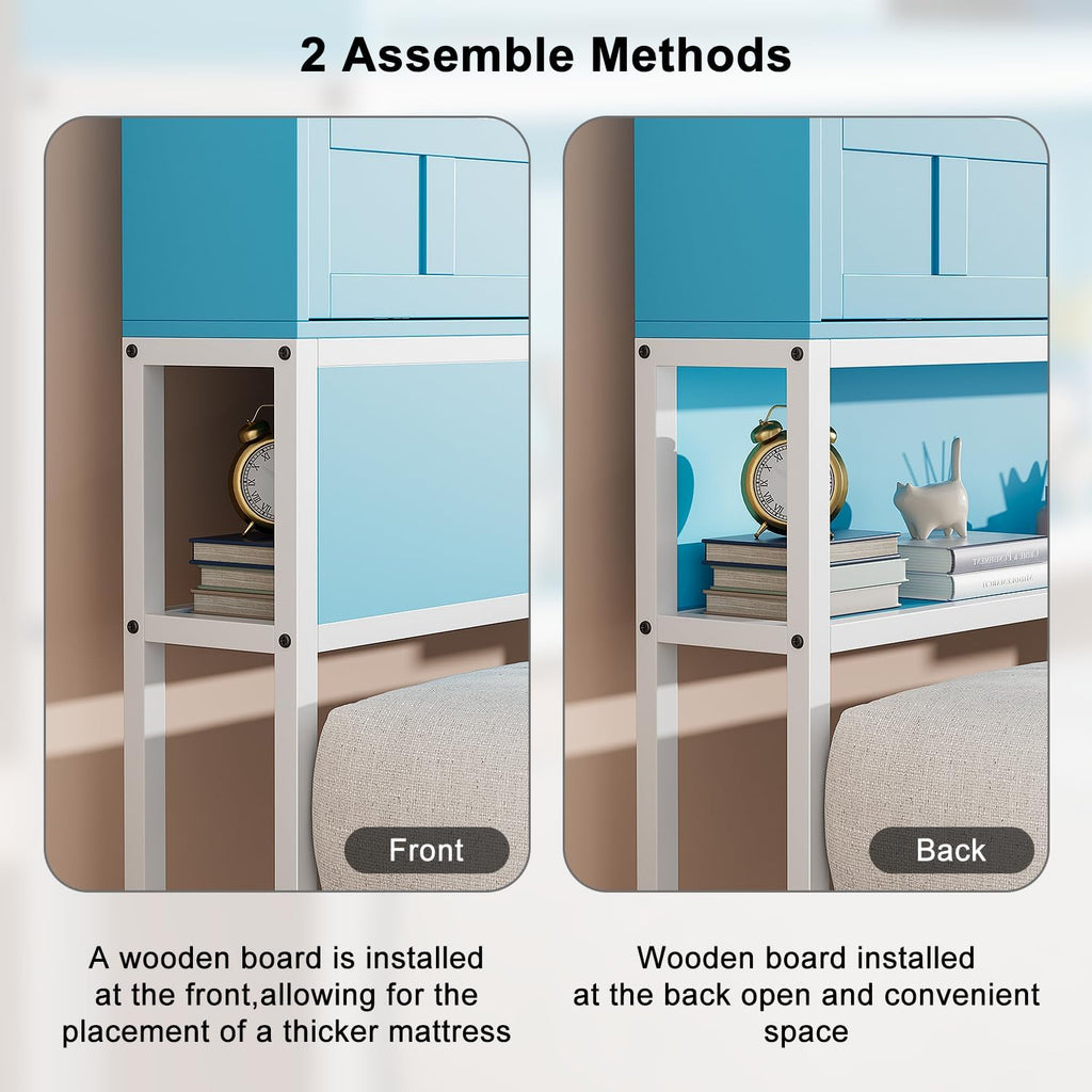 Twin Size Bed Frame, Storage Headboard with Drawers, 3-in-1 Charging Hub & Nightstand, Strong Metal Slats, No Box Spring Required (Blue White, Twin)