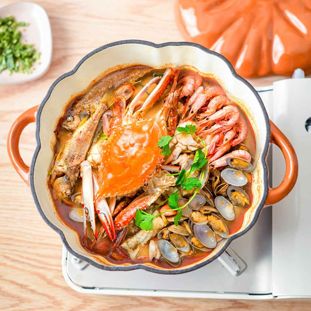 20cm/7.9in,Mswborml Pumpkin Enamel Pots for Cooking, Enameled Cast Iron Dutch Oven Pot with Lid, Enamel Coating, Non-Stick Shallow Casserole Braiser with Dual Handle Usable for Induction Cookers