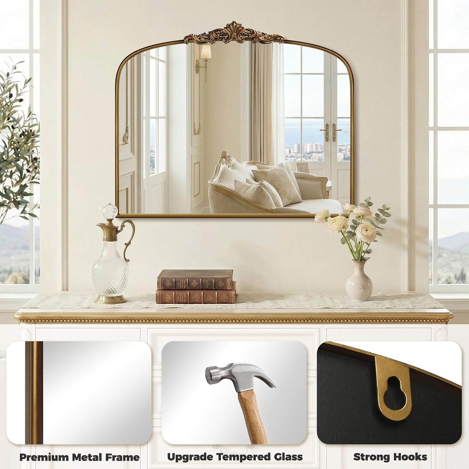 Vintage Gold Arched Wall Mirror 36'x30' – Ornate Baroque Style Antique Brass Frame, Decorative Large Mirror for Entryway, Living Room, Fireplace, Hallway, Bathroom